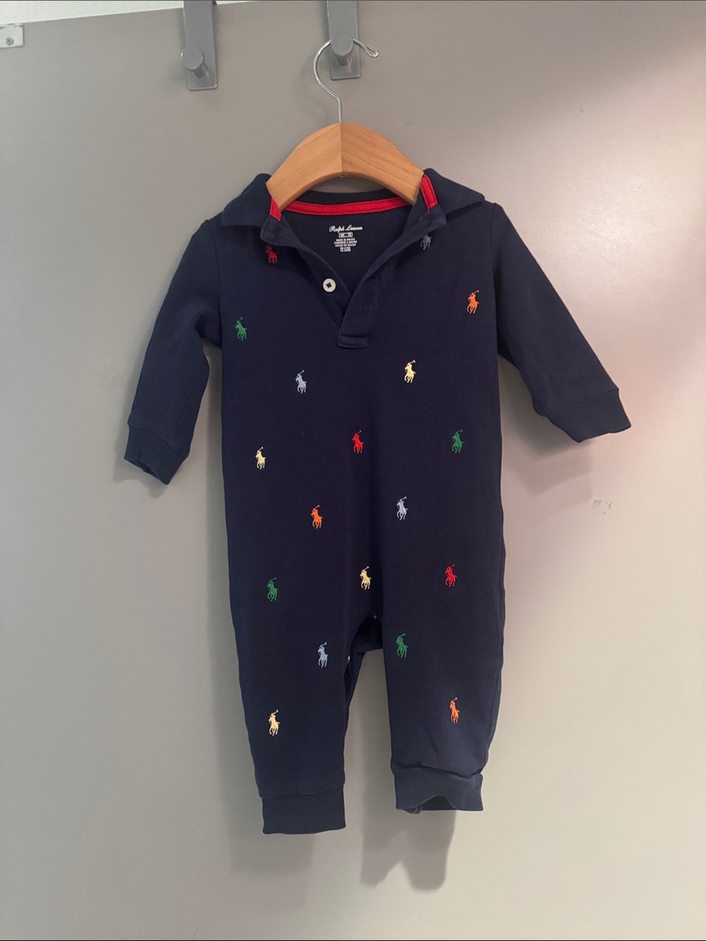 Polo by Ralph Lauren Navy Hooded One-Piece with Multicolor Pony Embroidery